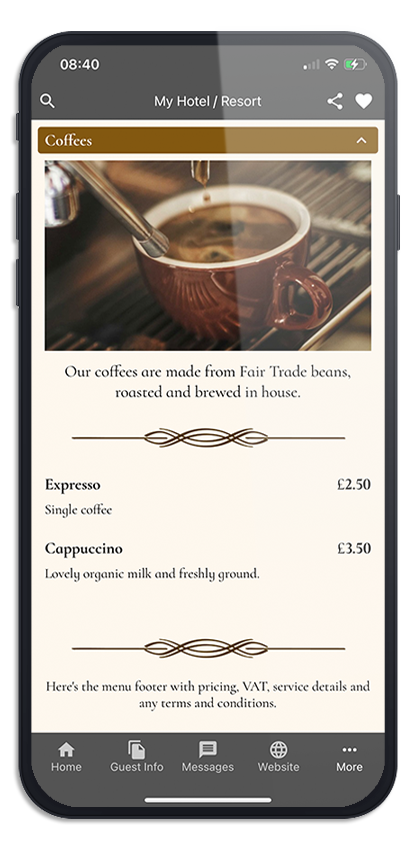 F&B, Activity, Treatment
Menus